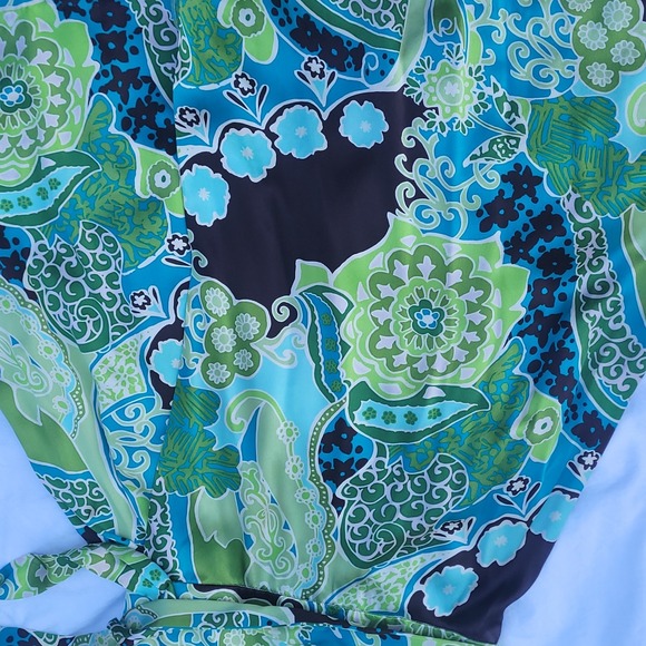 Banana Republic Silk Wrap Dress V-Neck Boho Floral Print Green Blue Womens  12 - Picture 7 of 16
